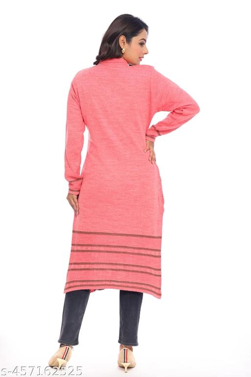 Woolen Printed Kurti for Women (Pink, L)