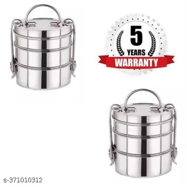 Stainless Steel 3 Layer Lunch Box (Silver, Pack of 2)