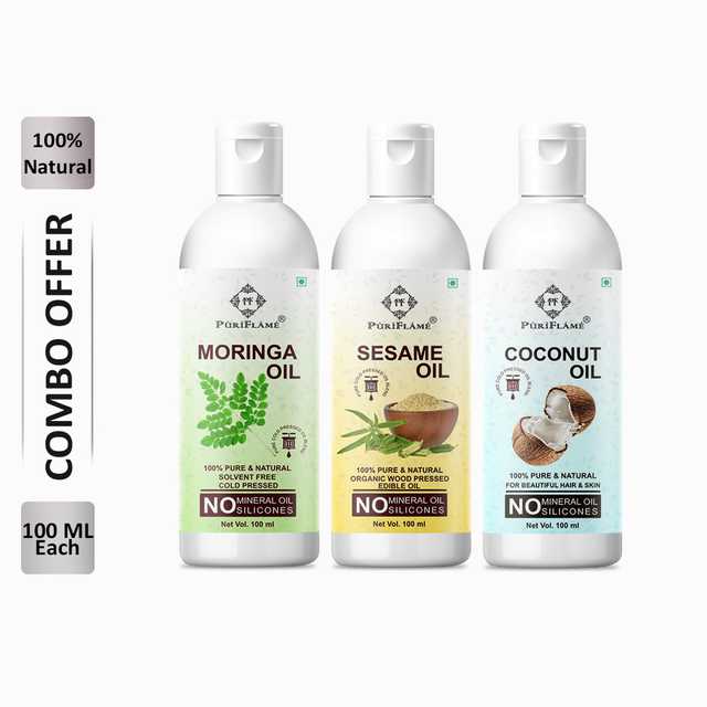 PuriFlame Pure Moringa Oil (100 ml) & Sesame Oil (100 ml) & Coconut Oil (100 ml) Combo For Rapid Hair Growth (Pack Of 3) (B-5640)