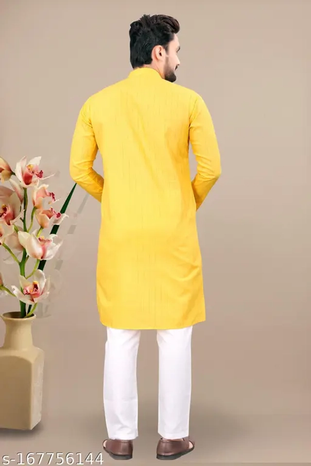 Cotton Blend Striped Kurta with Pyjama for Men (Yellow & White, S)