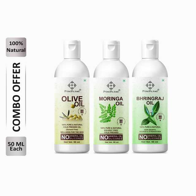 Puriflame Pure Olive Oil (50 ml), Moringa Oil (50 ml) & Bhringraj Oil (50 ml) Combo for Rapid Hair Growth (Pack of 3) (B-12456)