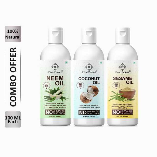 PuriFlame Pure Neem Oil (100 ml) & Coconut Oil (100 ml) & Sesame Oil (100 ml) Combo For Rapid Hair Growth (Pack Of 3) (B-5811)