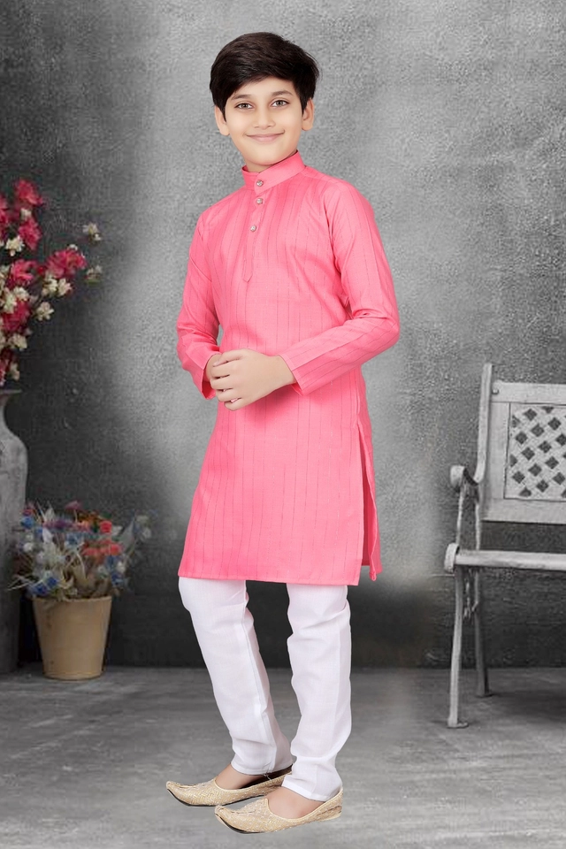 Cotton Full Sleeves Kurta with Pyjama for Boys (Pink & White, 3-5 Years)