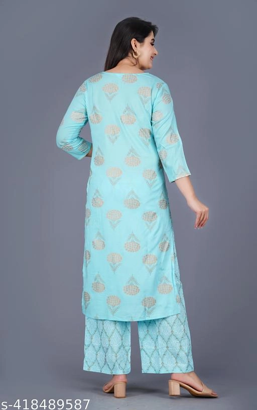 Rayon Printed Kurti with Pant for Women (Aqua Blue, M)