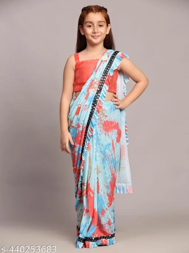 Printed Fancy Saree for Girls with Blouse (Sky Blue & Red, 3-4 Years)