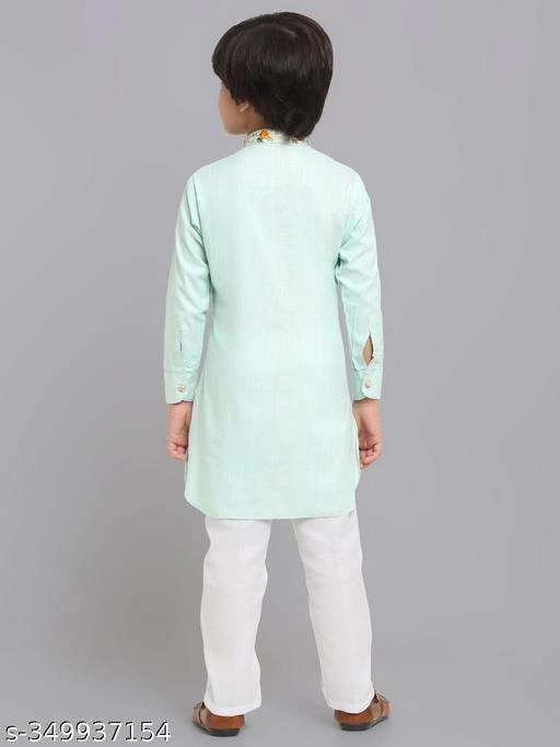 Cotton Blend Kurta with Pyjama for Boys (Green & White, 12-18 Months)