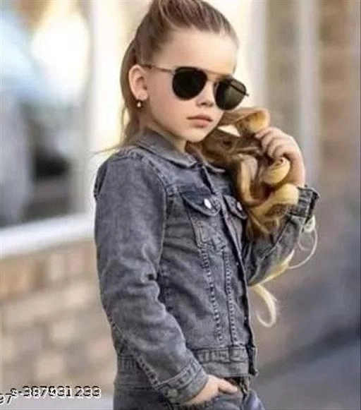 Denim Solid Jacket for Girls (Grey, 5-6 Years)