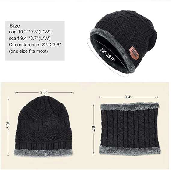 Woolen Cap with Neck Warmer for Men & Women (Black, Set of 1)