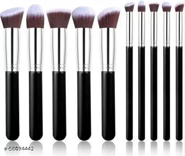 Premium Makeup Brushes (Black & Silver, Set of 10)