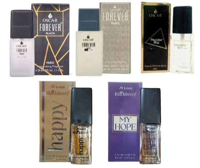 Combo of Oscar Forever Paris Grey 10 ml, Forever Black Perfume 10 ml, Forever Thunder Boy Perfume 10 ml, Happy Perfume 15ml, & My Hope Perfume 15 ml (Pack of 5)