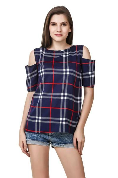 Cotton Checked Top for Women (Navy Blue, S)