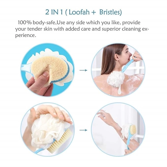 2-in-1 Loofah with Handle Body Back Scrubber cum Bath Brush (Assorted, Pack of 2)