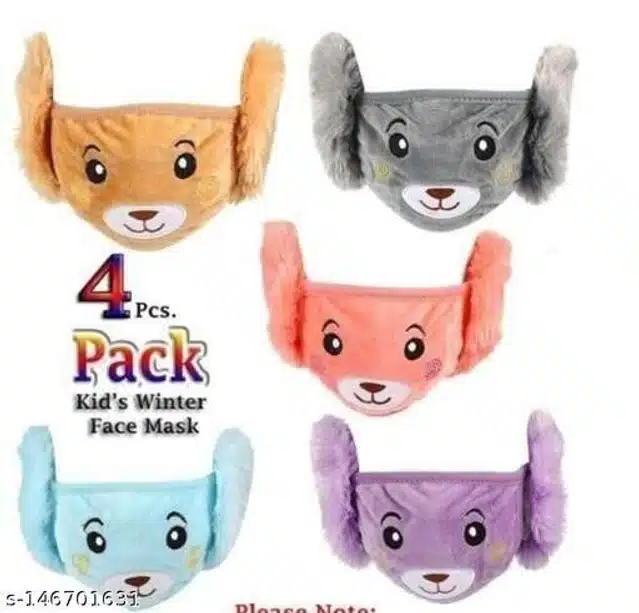 Winter Face Mask with Plush Ear Muffs for Kids (Multicolor, 4-14 Years) (Pack of 4)