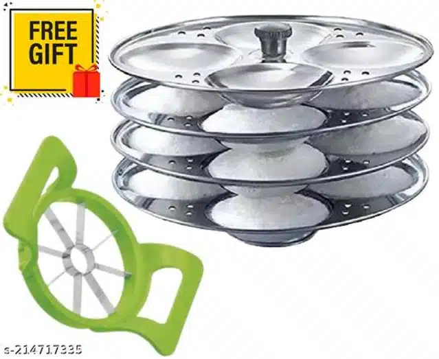 Stainless Steel 4 Plate Idli Maker with Apple Cutter (Silver, Set of 2)