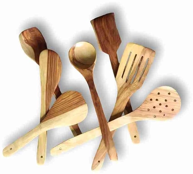 Wooden Utensils Set for Kitchen (Brown, Set of 7)