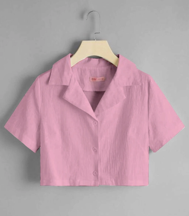 Half Sleeves Solid Crop Shirt for Women (Pink, S)