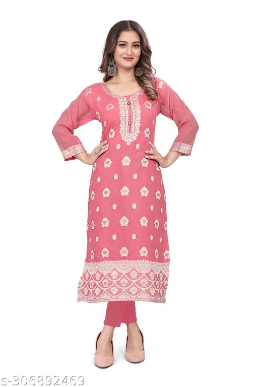 Cotton Embroidered Kurti for Women (Pink, L)