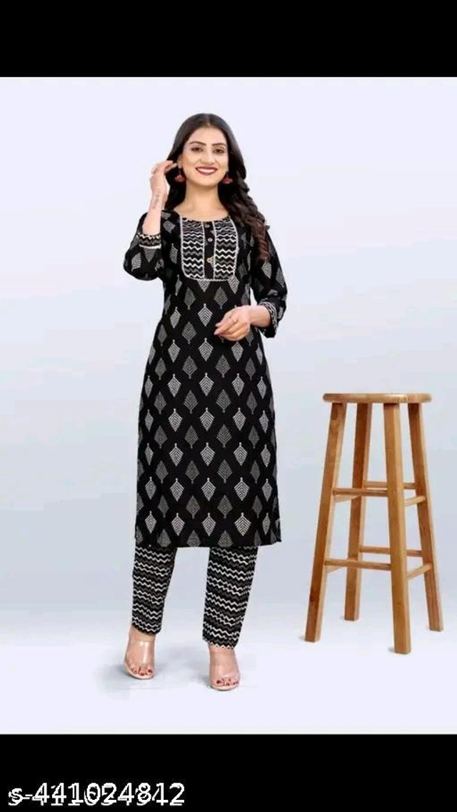 Cotton Printed Kurti with Pant for Women (Black & White, Xs)