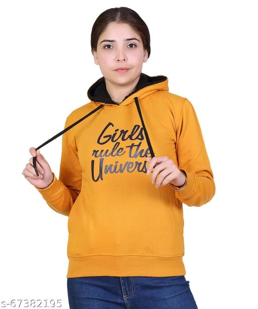 Cotton Blend Printed Hoodie for Women (Yellow, M)