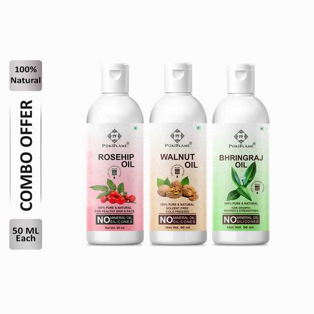 Puriflame Pure Rosehip Oil (50 ml), Walnut Oil (50 ml) & Bhringraj Oil (50 ml) Combo for Rapid Hair Growth (Pack Of 3) (B-13476)