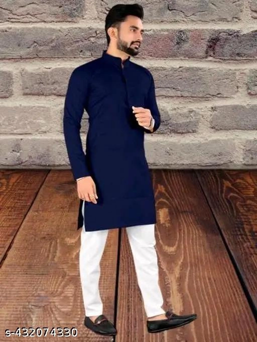 Cotton Solid Kurta with Pyjama for Men (S, Navy Blue)