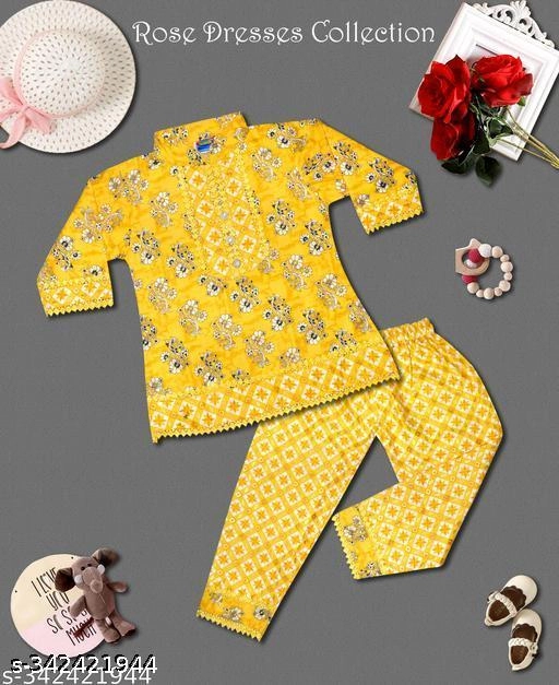 Cotton Blend Kurta Set for Girls (Yellow, 2-3 Years)