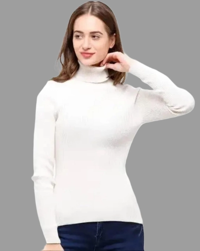 Cotton High Neck Solid Top for Women (White, S)