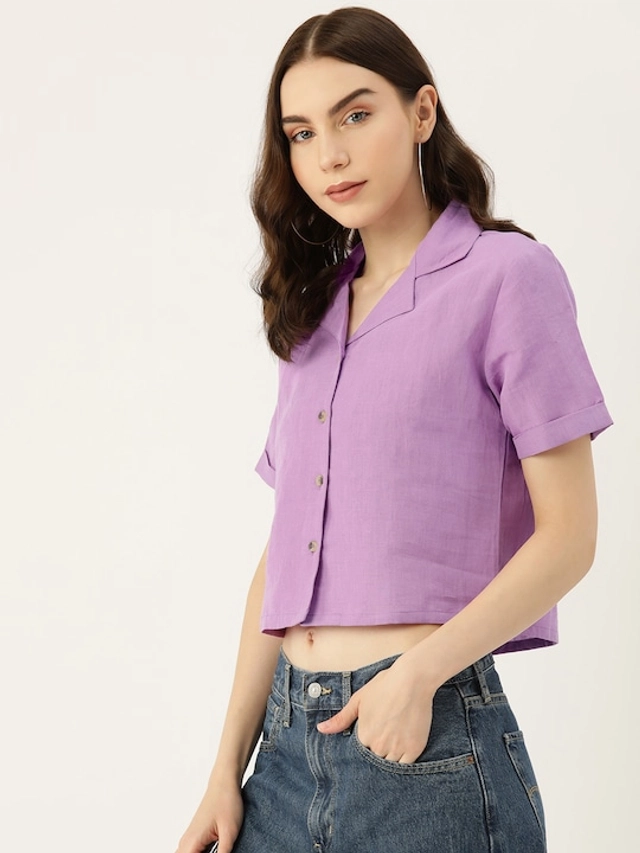 Half Sleeves Solid Crop Shirt for Women (Lavender, S)