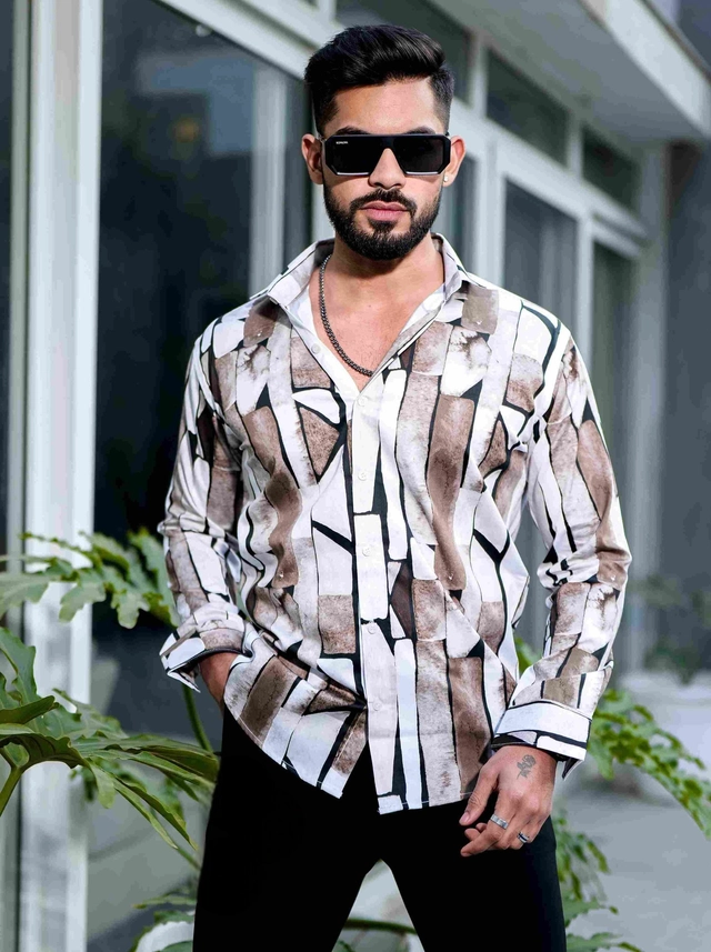 Full Sleeves Printed Shirt for Men (Brown & White, S)