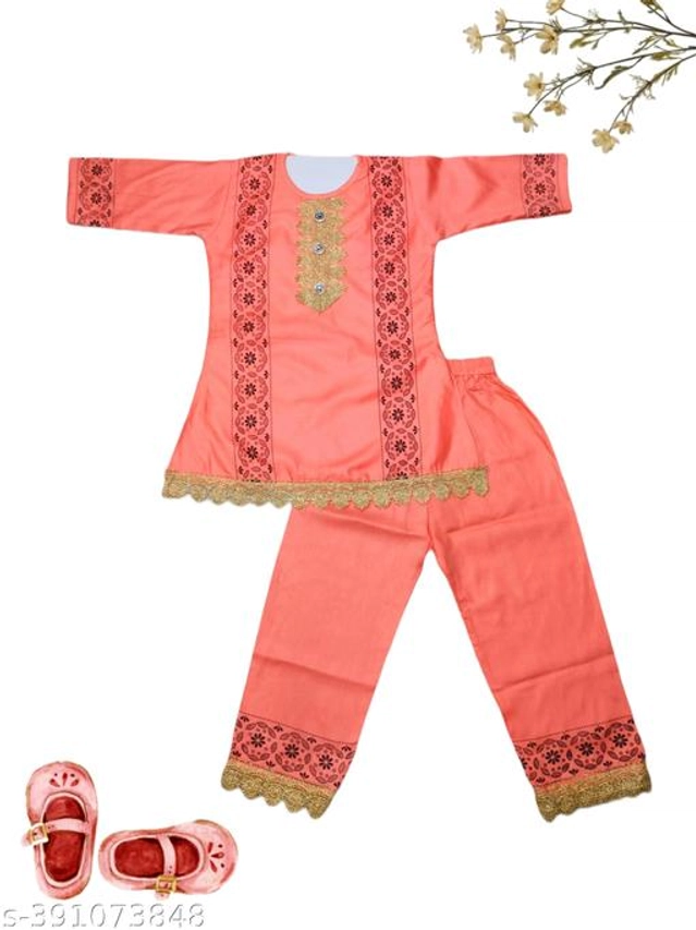 Rayon Printed Kurta with Pant for Girls (Peach, 4-5 Years)