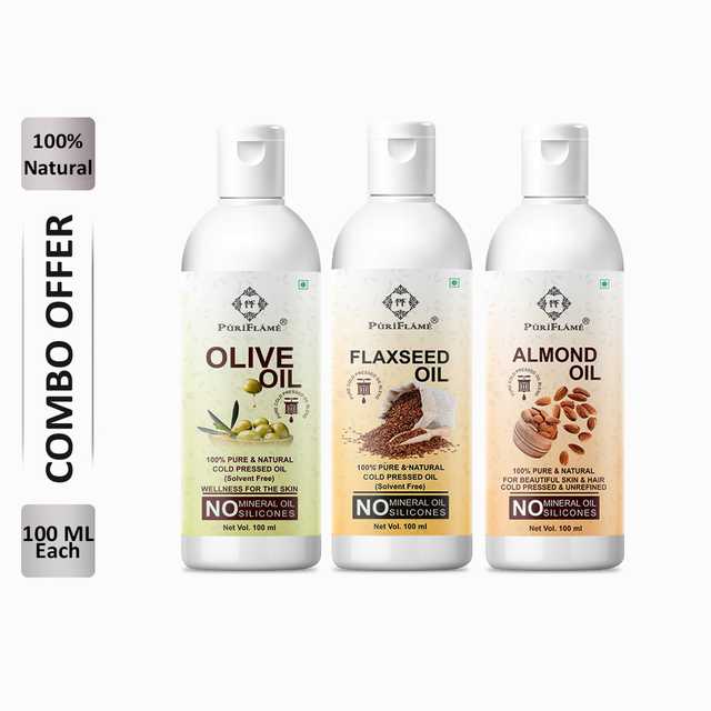 PuriFlame Pure Olive Oil (100 ml) & Flaxseed Oil (100 ml) & Almond Oil (100 ml) Combo For Rapid Hair Growth (Pack Of 3) (B-6156)