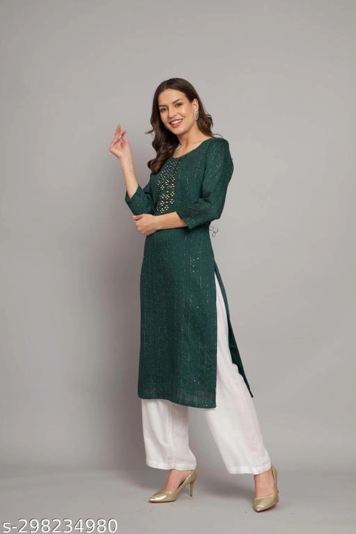 Cotton Embellished Kurti for Women (Bottle Green, M)