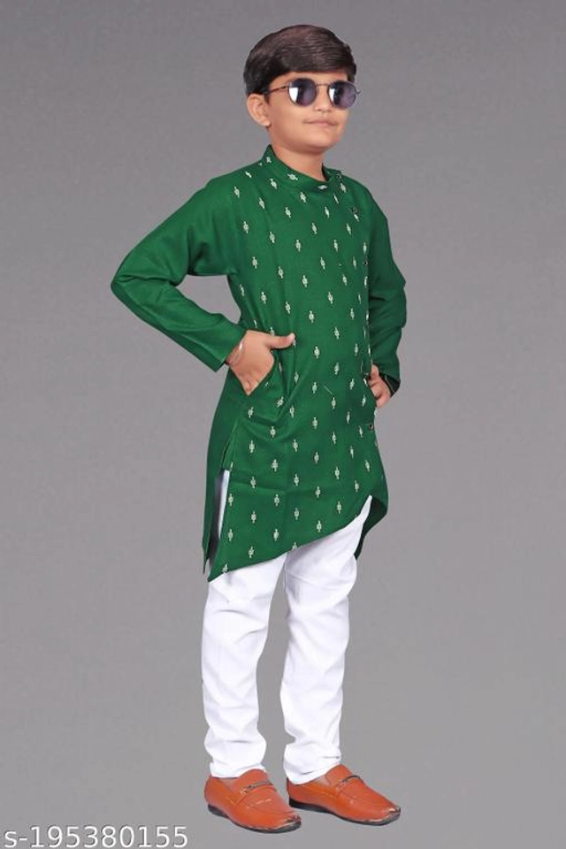 Cotton Blend Kurta Sets for Boys (3-4 Years, Green & White)