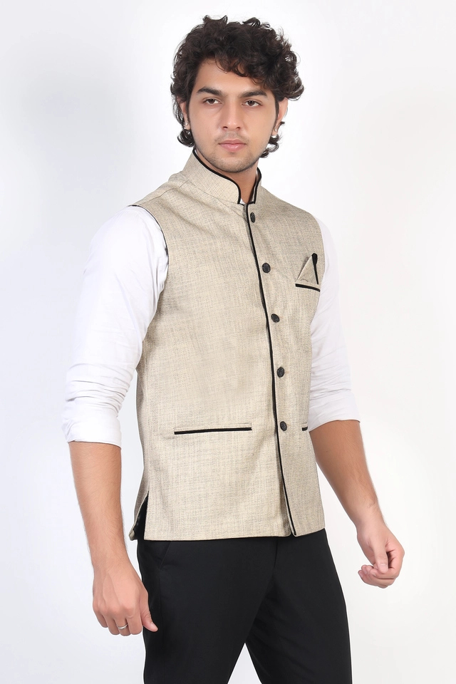 Jute Khadi Solid Waistcoat for Men (Gold, M)