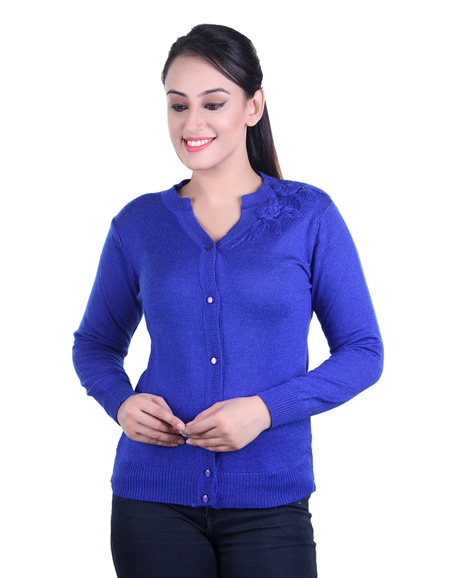 V Neck Solid Cardigans for Women (Royal Blue, M)