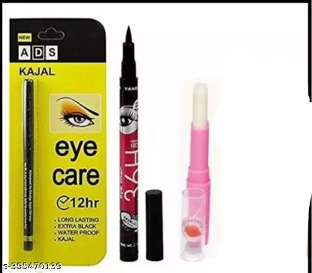 Eye Liner with Kajal & Magic Lip Balm (Multicolor, Set of 3)