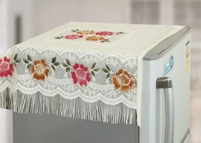 Knit Printed Fridge Top Cover With Side Pockets (Multicolor)