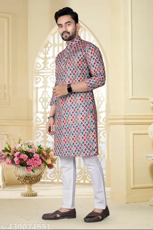 Cotton Ethnic Motif Kurta for Men (Multicolor, L)