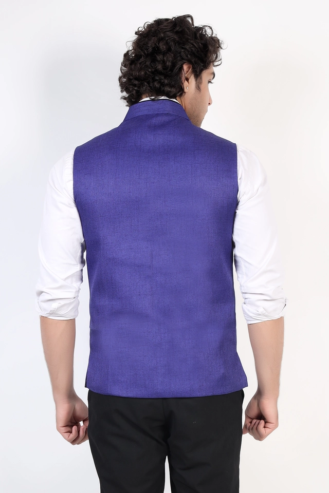 Jute Khadi Solid Waistcoat for Men (Blue, M)