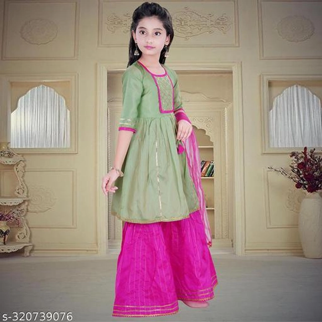 Dupion Silk Kurta Sets for Girls (Green & Pink, 2-3 Years)