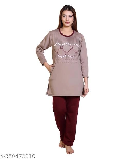 Wool Nightsuit for Women (Grey & Maroon, XXXL)