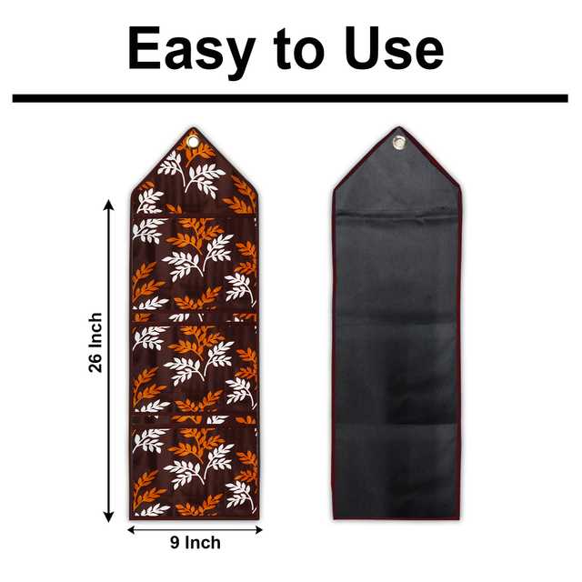 Polyester Wall Hanging Storage Organizer With 3 Utility Pockets (Brown, 26x9 Inches) (E-20)