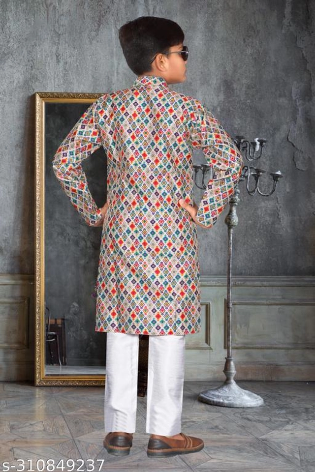 Art Silk Kurta Sets for Boys (3-4 Years, Grey & White)