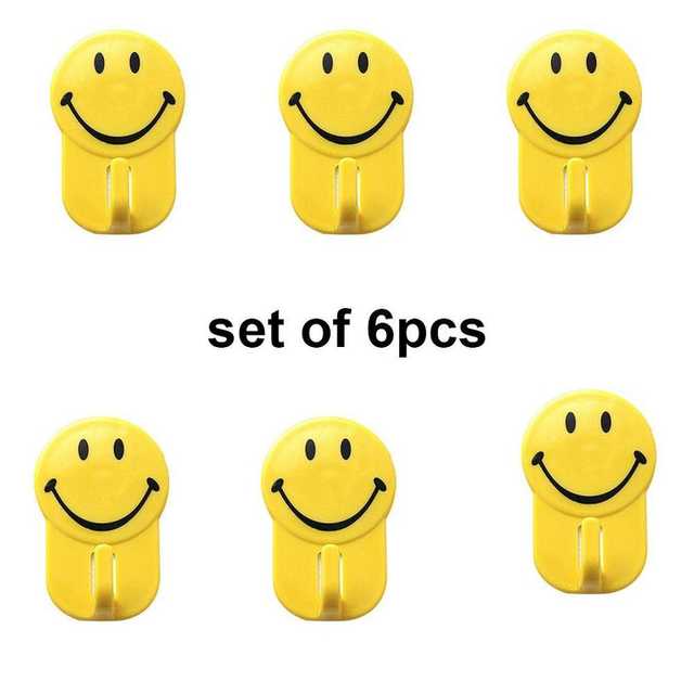 Pinak Plastic Self-Adhesive Smiley Face Hooks (Set Of 6, Yellow) (PS-66)