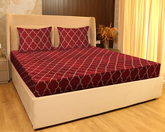 Cotton Elastic Fitted Double Bedsheet with 2 Pillow Covers (Red, 78x72 inches)