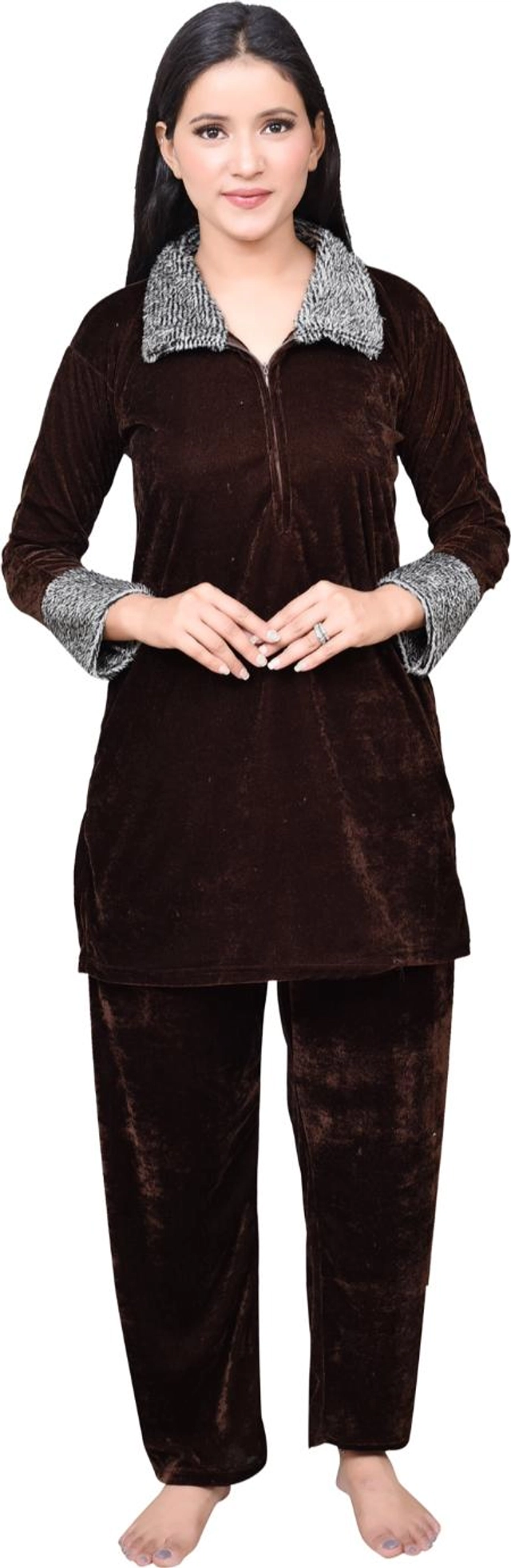 Velvet Solid Nightsuit for Women (Brown, M)