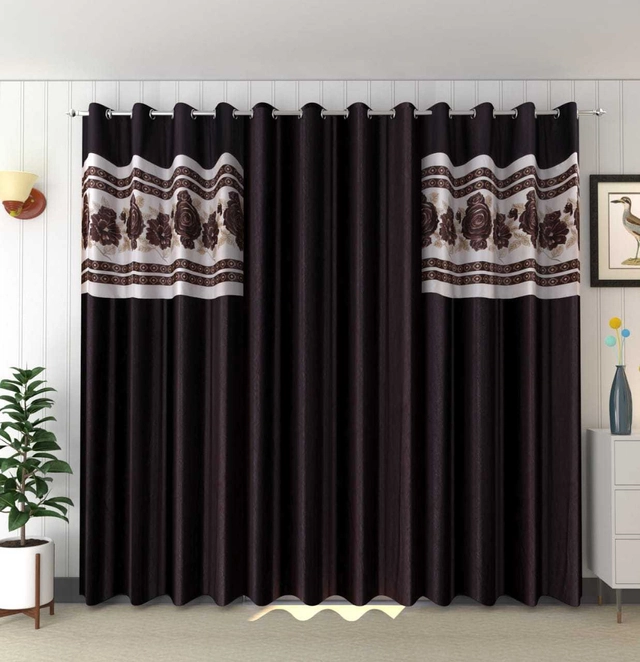 Polyester Room Darkening Printed Door Curtains (Brown, 7 Feet) (Set of 3)