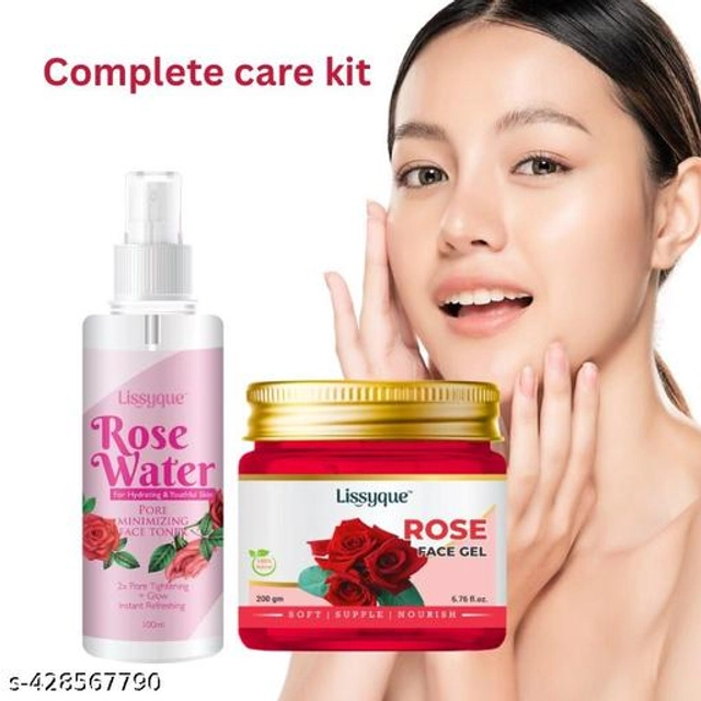  Lissyque natural rose water face toner spray 100 ml + rose face gel 200 gm for pore tightning, refreshing, skin lightning, nourishing, for women and men, 300 ml skin detoxify combo kit