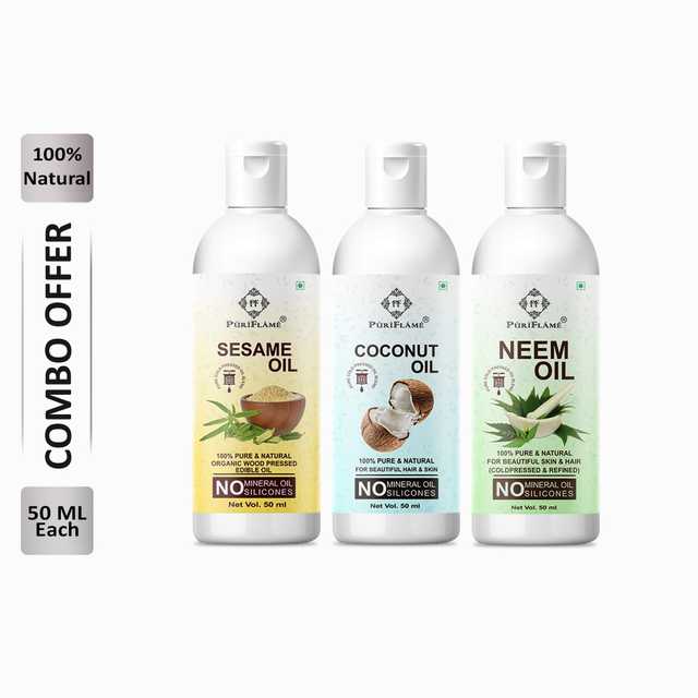 Puriflame Pure Sesame Oil (50 ml), Coconut Oil (50 ml) & Neem Oil (50 ml) Combo for Rapid Hair Growth (Pack of 3) (B-13603)