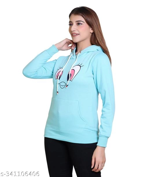 Fleece Printed Hoodie for Women (Aqua Blue, M)